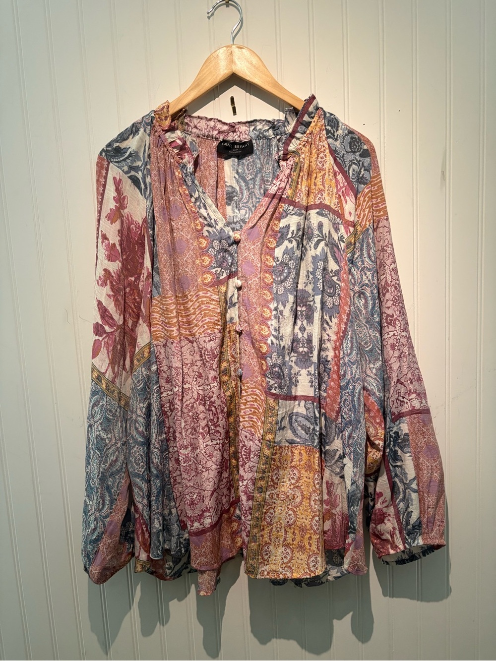 Boho Patchwork Print Peasant Blouse - Multicolor